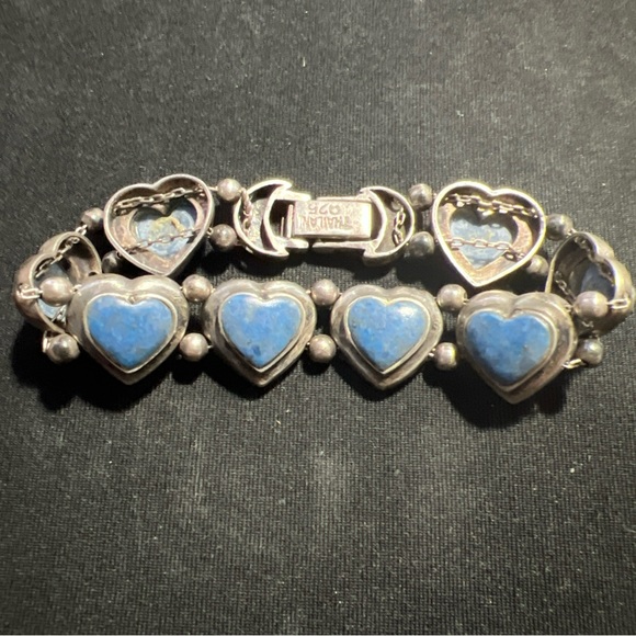 Vintage Thailand Sterling Silver Blue Lapis Lazuli Heart Shape Bracelet 32 Grams